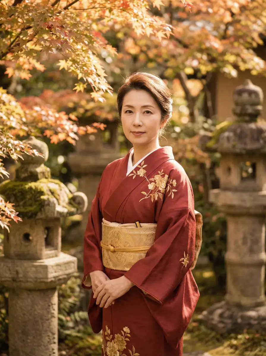 一位身穿暗红色和服的优雅 女上位 在日式庭院中