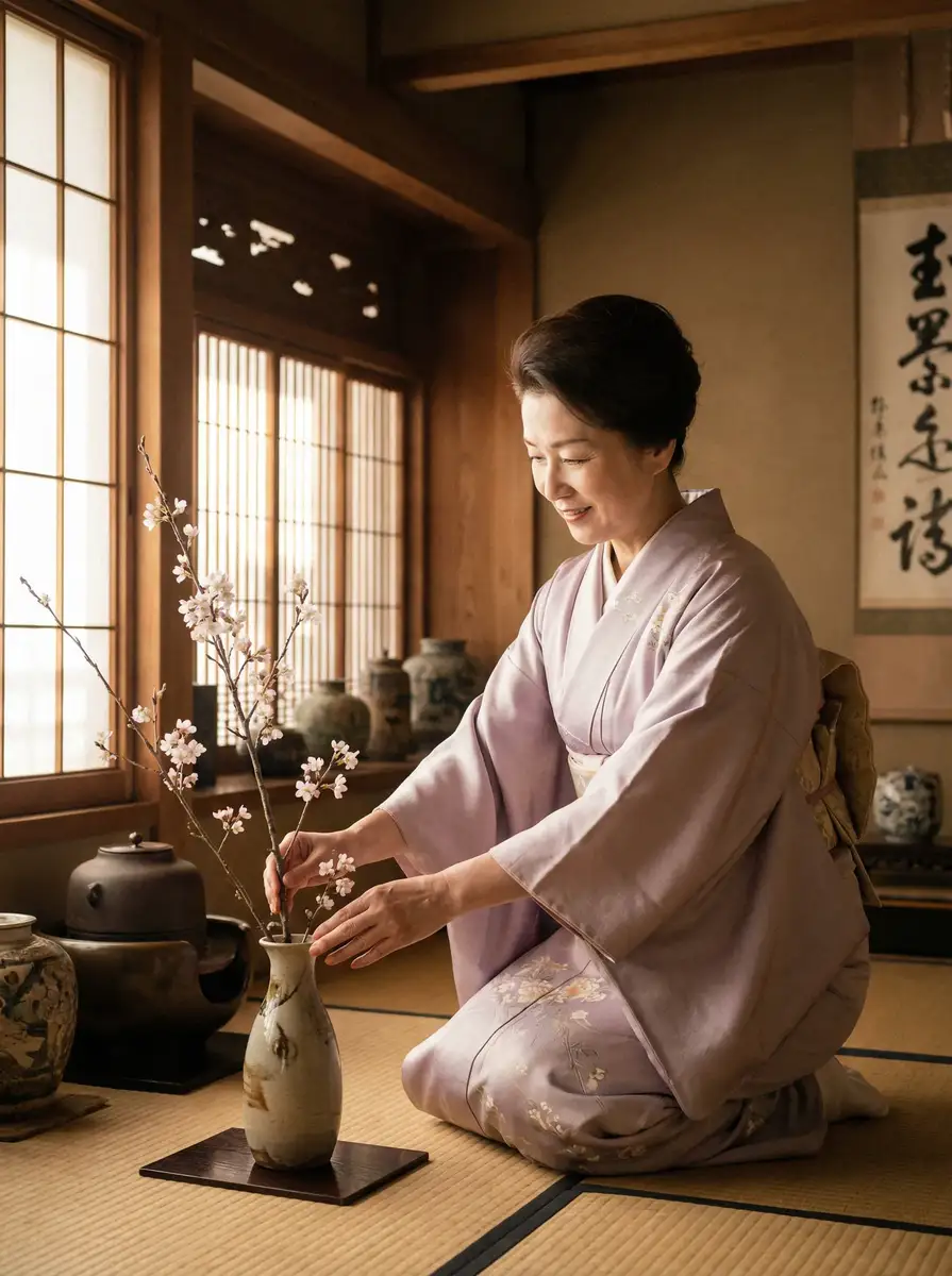一位优雅的 女上位 在和室中插花